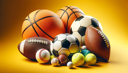 Assortment of sports balls for basketball, soccer, football, baseball, tennis, and golf, with a vibrant yellow background, depicting variety and excitement in sports.Sport concept.AI generated.