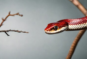 Red corn snake on branch, closeup snake - obrazy, fototapety, plakaty