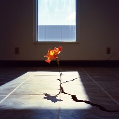 Lone flower growing through crack in abandoned building, representing hope and resilience in adversity