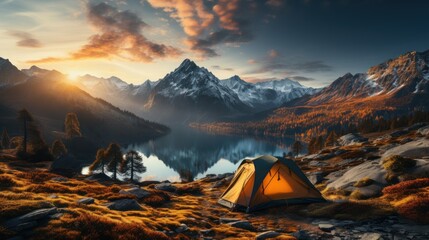 Tent on the background of the mountains and the lake at sunset - obrazy, fototapety, plakaty