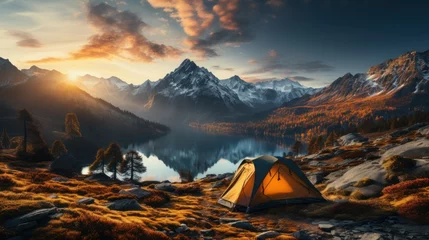 Fotobehang Tent on the background of the mountains and the lake at sunset © Ali
