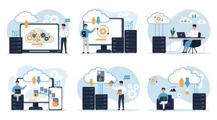 Cloud computing isolated set. Secure connection, storage and cloud technology.Data transfer folders with documents, data storage, brainstorming, teamwork Vector illustration.  - obrazy, fototapety, plakaty