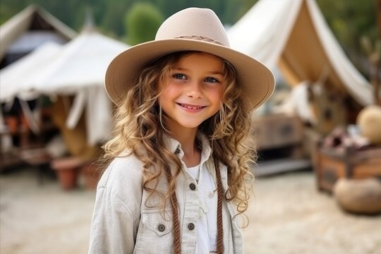 Portrait of a cute little girl in hat at the summer camp