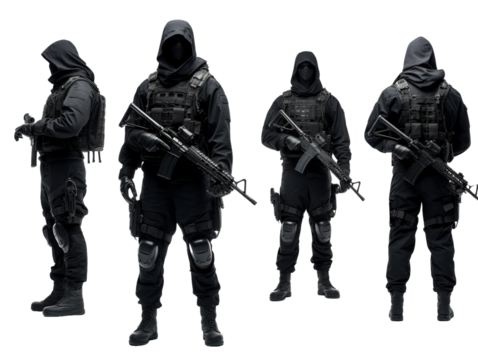 Set of black ops soldier with balaclava covered face isolated on white or transparent background