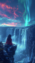 girl is sitting on the edge of a cliff watching a large waterfall. Under the beautiful aurora sky On a cold night,generativeai