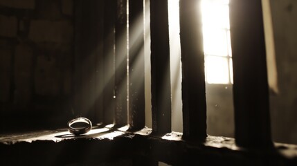 Golden sunlight casting shadows through a prison window onto an abandoned wedding ring, evoking concepts of lost love