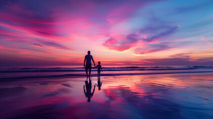 Father and child holding hands, walking on a beach at sunset, silhouette against the colorful sky, symbolizing the bond for Father's Day