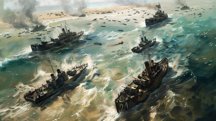 Aerial view illustration of D-Day landing crafts approaching the shores, intense and strategic military operation, honoring the pivotal WWII moment 