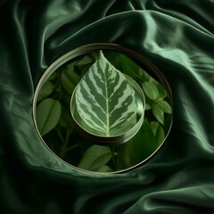 Elegant green satin fabric with a central focus on a highlighted leaf, symbolizing nature and luxury