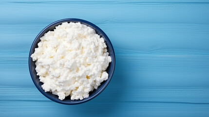 Cottage cheese in a bowl on a blue background, top view