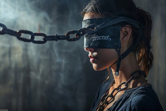 Profile portrait of a chained female prisoner with a blindfold labeled "prisoner" covering her eyes - Powered by Adobe