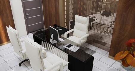 Panoramic CEO office interior with white walls, concrete floor, white computer desk with chairs for visitors and a window with a blurry cityscape simulated up the wall to the left. 3D rendering.