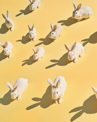 Easter pattern of bunnies casting playful shadows on a bright yellow background, symbolizing joy and festivity