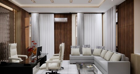 Panoramic CEO office interior with white walls, concrete floor, white computer desk with chairs for visitors and a window with a blurry cityscape simulated up the wall to the left. 3D rendering.