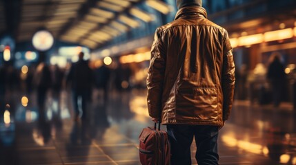 Young man with backpack at the airport, back view. Traveling concept - obrazy, fototapety, plakaty