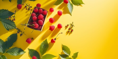 Fresh raspberries scattered on a yellow surface with leaves, perfect for summer-themed banner...