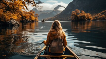 Young woman paddling a canoe along a fjord in Norway - Powered by Adobe