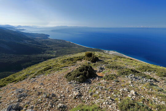 The Ionian sea coast from Panorama Llogara lookout until the Greek islands of Corfu, Erikousa and Othonoi. Vlore county-Albania-122