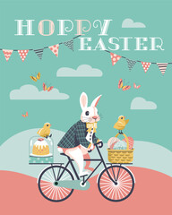Funny Bunny deliver Easter cake and eggs in basket fancy vector poster. Rabbit ride Bicycle cartoon illustration. Happy Easter childish design. Festive greeting, family fun event invitation background