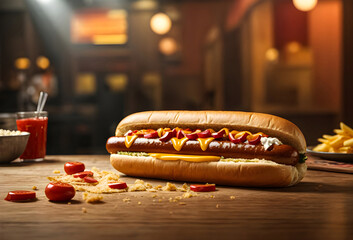 Tasty Hot dogs with mustard and ketchup on paper on a wooden background generative AI image.
