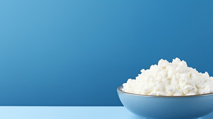 Cottage cheese in a bowl on blue background with copy space