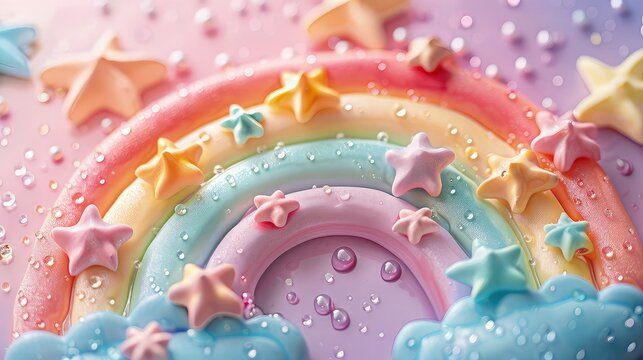 Festive Clay Creation. Circular Rainbow Background Adorned with Flowers, Stars, and Cheerful Splashes.