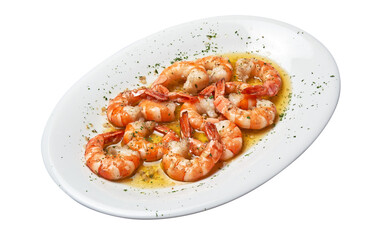 Floating  White plate with baked shrimps and garlic