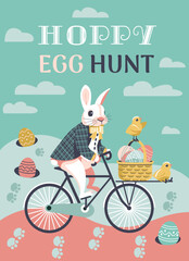 Hoppy Egg Hunt fancy Easter game vector poster. Basket, Easter eggs, rabbit footprints cartoon illustration. Easter Bunny driving eggs for Hunt game. Festive family event play invitation background