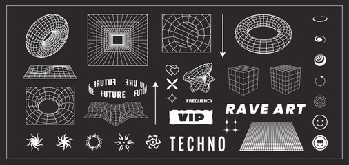 Geometric shapes, abstract forms. Isolated black background. Vector illustration of rave and futuristic set. 
