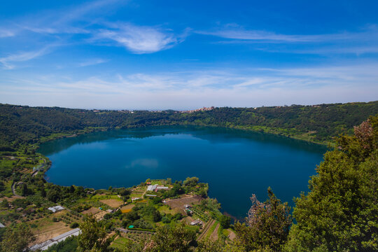 Sunny morning at tranquil Nemi Lake, Italy