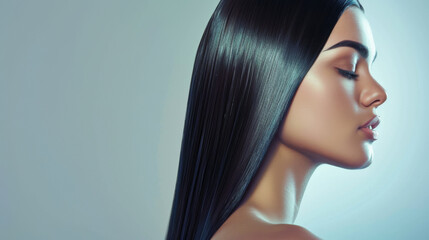 woman profiled with sleek, long, straight hair flowing to the side.