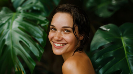 young woman with a glowing smile, standing amidst lush green foliage, giving off a natural and vibrant energy.