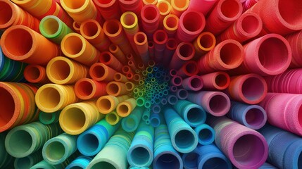 Clay-Crafted Spectrum: Top-Down Perspective of Rainbow-Colored Circular Stems in 3D Render. abstract background.