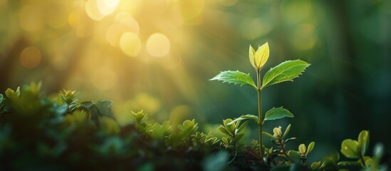 Young plant in the morning light on green blurred nature background. Generative AI
