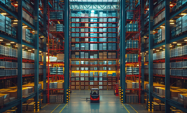 Huge fulfillment center of giant fulfillment center of e-commerce company with hundreds thousands of goods stored on Storage Racks with Reach Truck and automated storage lifts elevators robotics.