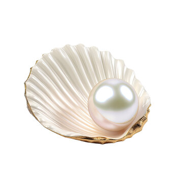 Shiny white pearl in shell isolated on white or transparent background
