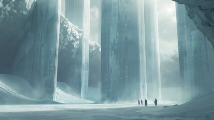 Ethereal Hall Amidst Mist: Towering Stone Pillars in a White Landscape.