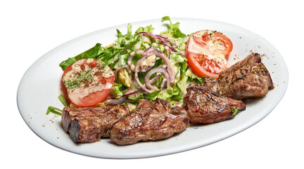 Floating White plate with lamb chops and salad