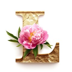 Gloss Golden Letter "L" with peony flower isolated on white background