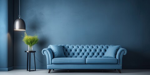 Blue sofa and lamp in stylish grey interior.