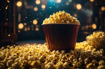 Schilderijen op glas Full popcorn bucket Cinema concept of vintage film reel with popcorn on wooden surface generative AI image.  © Ariyan