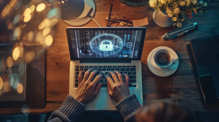 A person typing on a laptop with a digital image of a blue padlock on the screen, symbolizing cybersecurity, with a cup of hot coffee next to the laptop on a wooden desk.