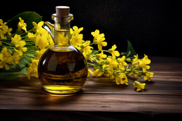 Canola Oil Bottle And Rapeseed Flowers On A Dark Table. Ai Generated