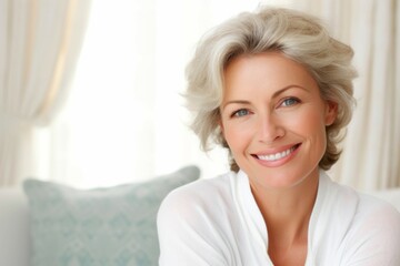 Mujer mayor sonriente con bata blanca