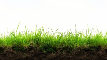 Obraz premium Lush Green Grass with Soil Cross-Section on White Background