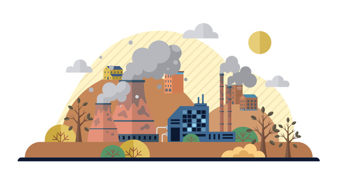 Factories vector illustration. Industrial buildings, monuments innovation, house treasures technological advancement Air pollution, discordant note in symphony progress, challenges environmental