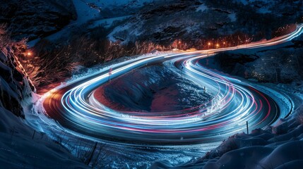 A panoramic view capturing the long exposure image of cars' light trails at night on a curved asphalt road