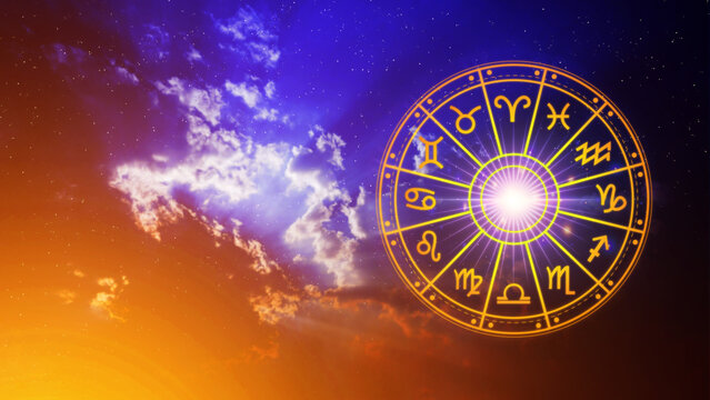 Concept of astrology and horoscope, person inside a zodiac sign wheel, Astrological zodiac signs inside of horoscope circle, Astrology, knowledge of stars in the sky, power of the universe concept.