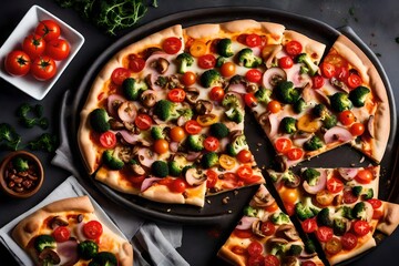 pizza with mushrooms and vegetables, A delectable scene unfolds as a healthy pizza adorned with ham, broccoli, cherry tomatoes, red pepper, and champignon mushrooms takes center stage, its vibrant col