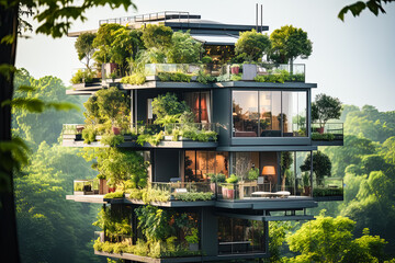 A modern multi storey house seamlessly integrated with lush plants and trees